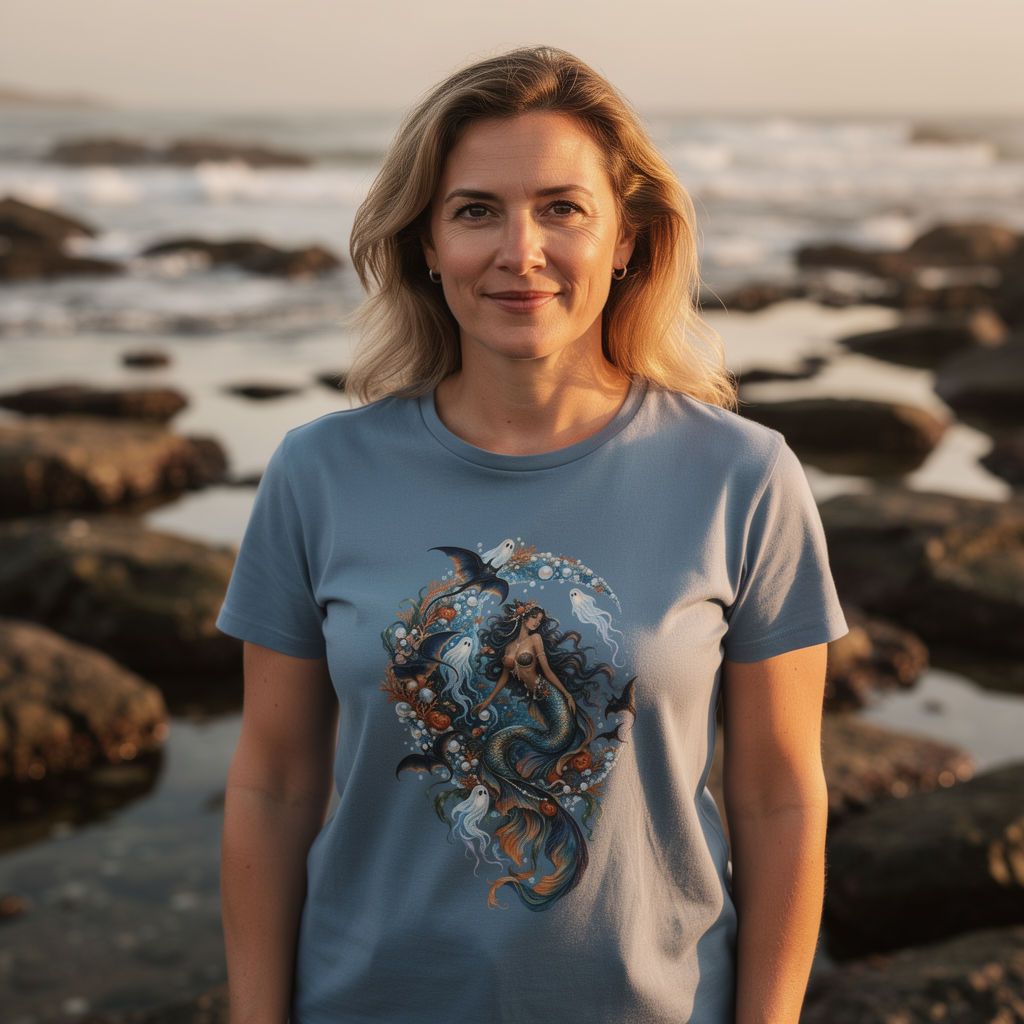 lifestyle scene ~ Resting Beach Witch ~ Comfort Colors Premium Tee ~ Mermaid Dayz