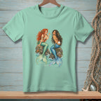 Two mermaids sitting on rocks with pearls and starfish.