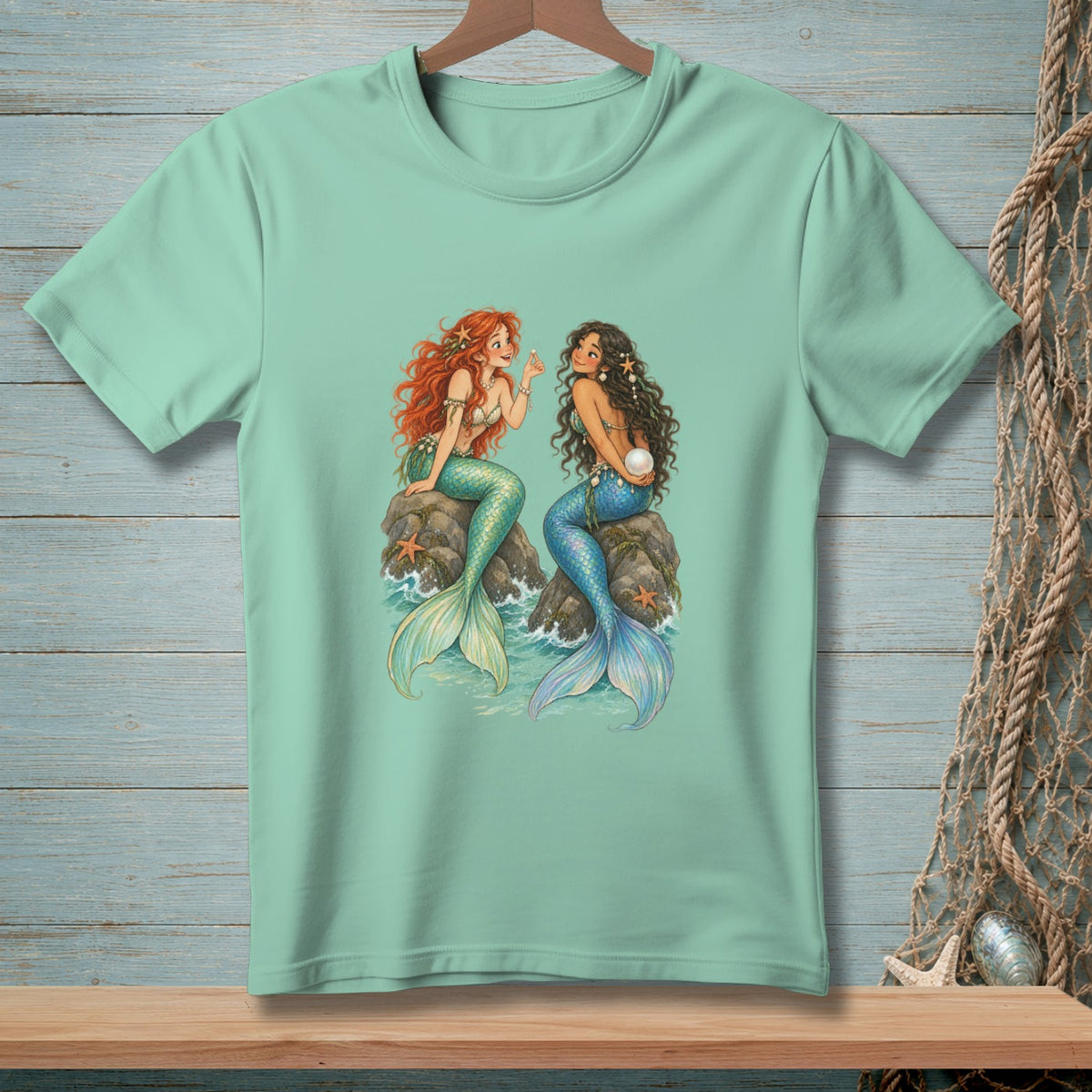 Two mermaids sitting on rocks with pearls and starfish.