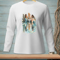Three mermaids sit on a dock, with reflections in the water.
