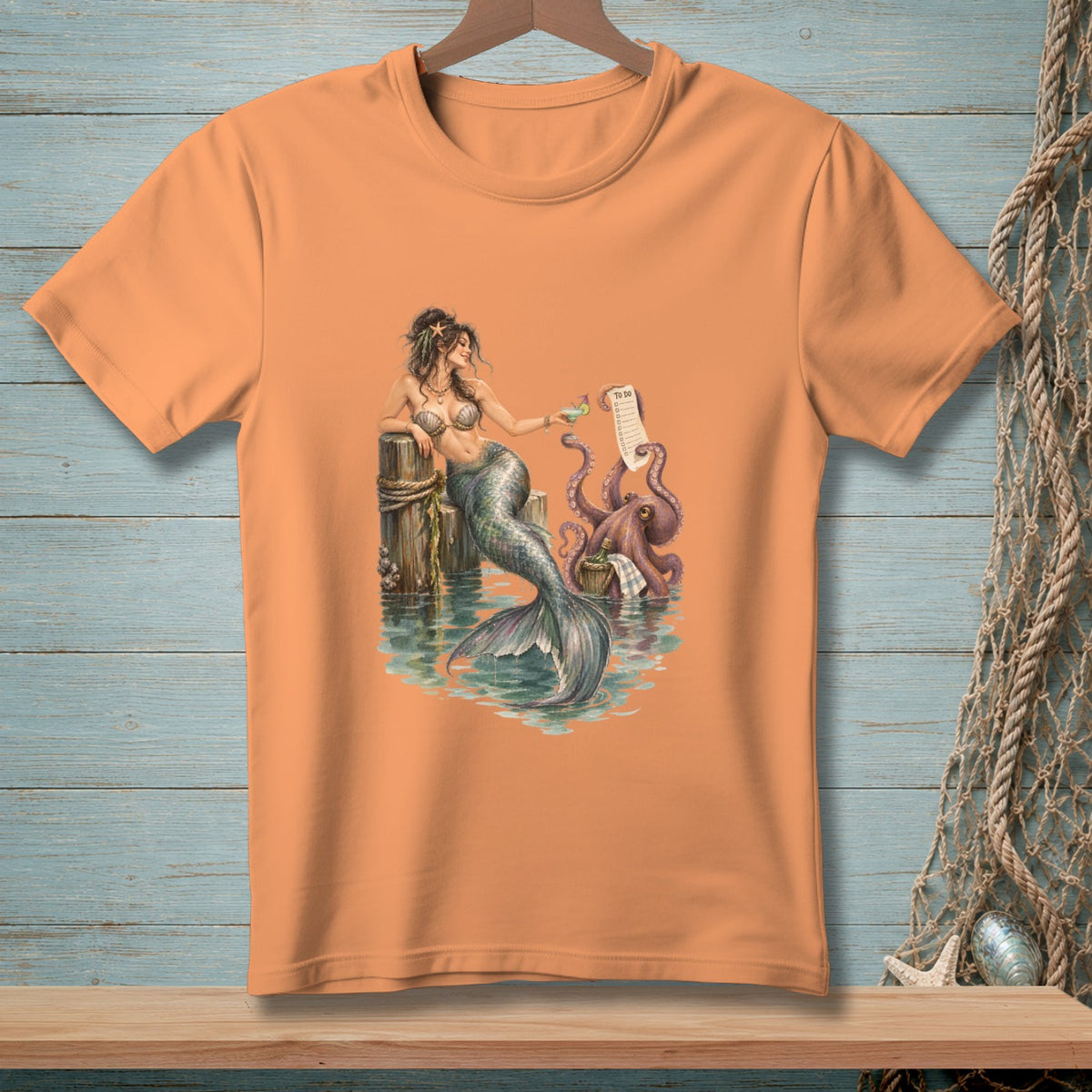 Mermaid and octopus near a dock with a to-do list and drink.