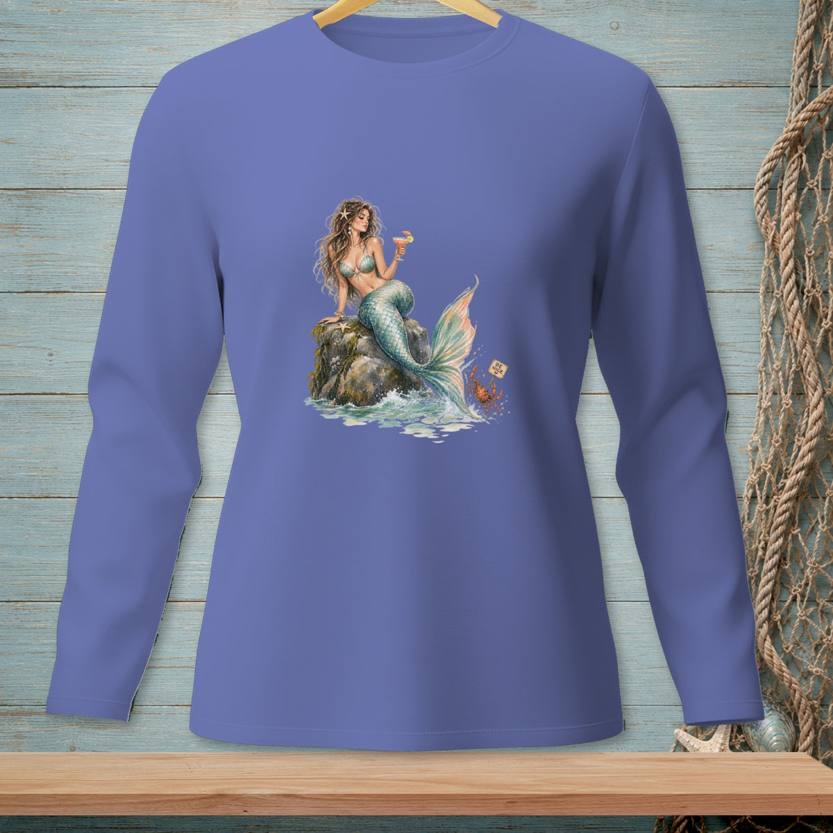 Mermaid with cocktail on rock, crab with sign on navy blue long sleeve shirt.
