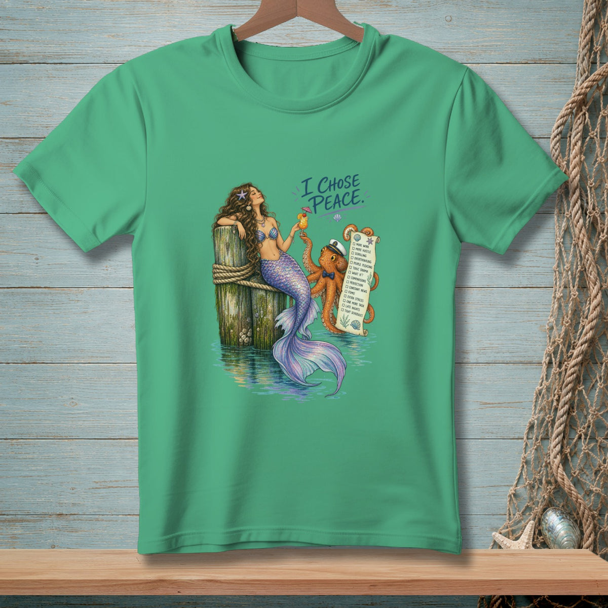 Mermaid and octopus on dock, with list of things they "chose peace" from.