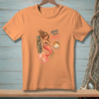 Peach t-shirt with mermaid holding pufferfish graphic and text "MOVE YOUR PUFF".
