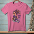 Pink t-shirt with a mermaid holding a mug, text reads "Mermaid Hair Day".