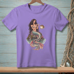 Purple t-shirt with a mermaid sitting on a rock, interacting with a pufferfish.