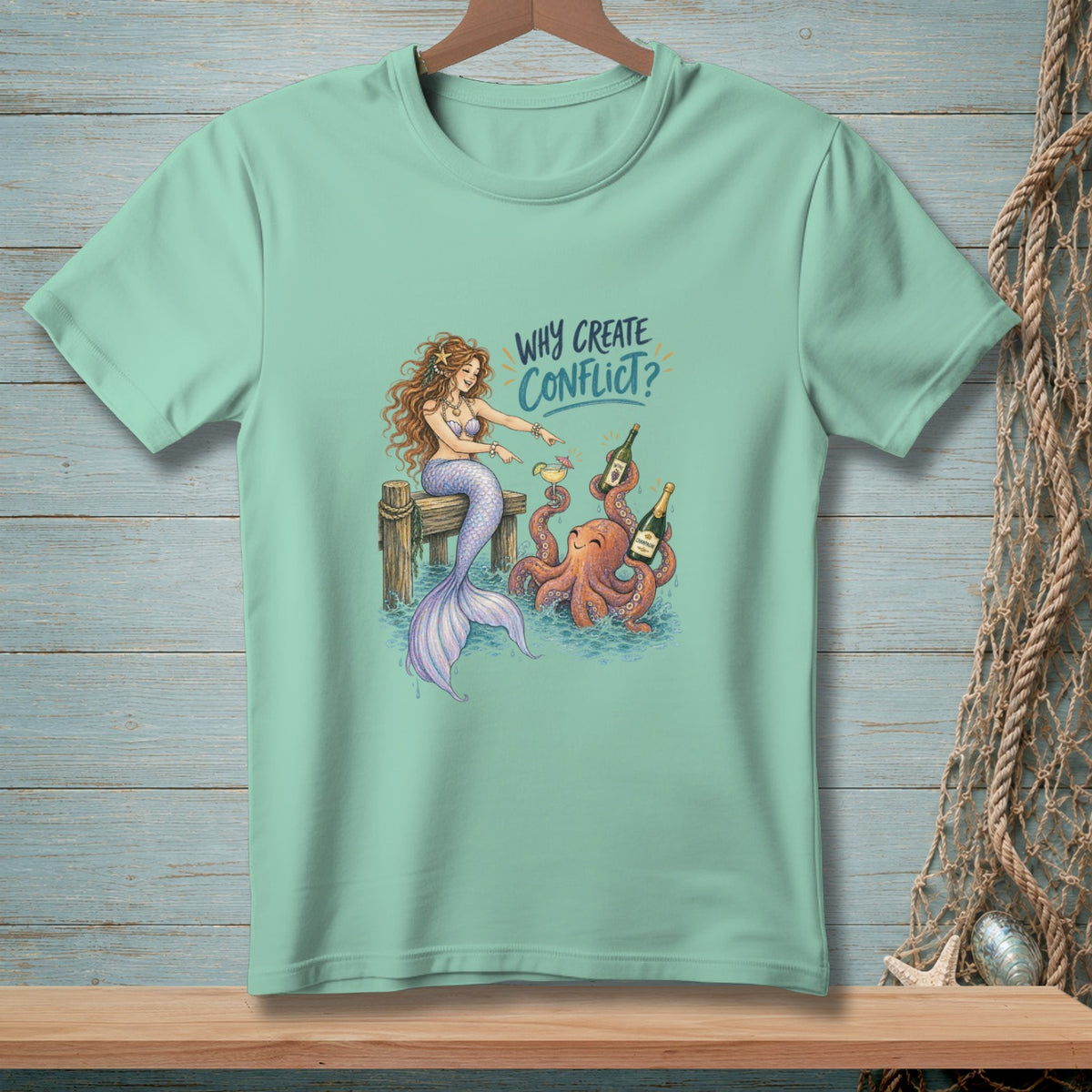 Mermaid pointing at octopus holding champagne bottles with "Why Create Conflict?" text.