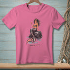 Pink t-shirt featuring a mermaid with sunglasses holding a drink, text "SALTY ON PURPOSE."