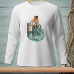 Mermaid resting on dock ladder near water, with "Please use stairs" sign.