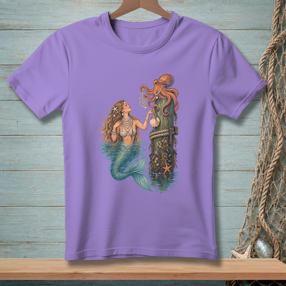 Mermaid with pearls and seashell near octopus on wooden post.