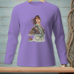 Purple long-sleeved shirt with a mermaid sitting on rocks with a crab.