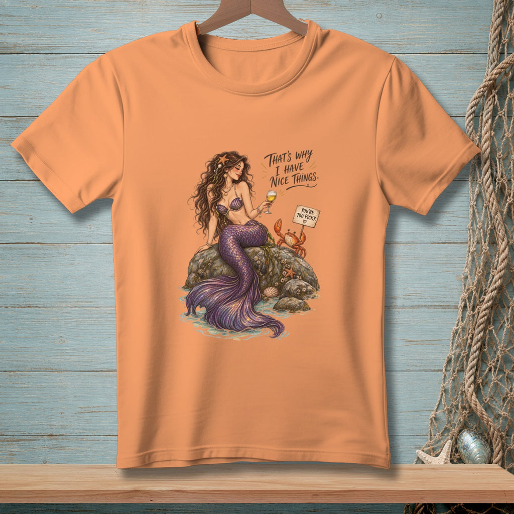 Mermaid on rock with crab and sign saying "You're Too Picky".