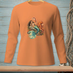 Long sleeve orange shirt with a detailed mermaid and octopus graphic.