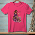 Fuchsia t-shirt with a mermaid on a rock, pointing at a crab. Text reads "Scuttle Along, Sir."