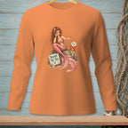 Orange long-sleeve shirt with a mermaid, crab, and "Blame the Tail" sign graphic.
