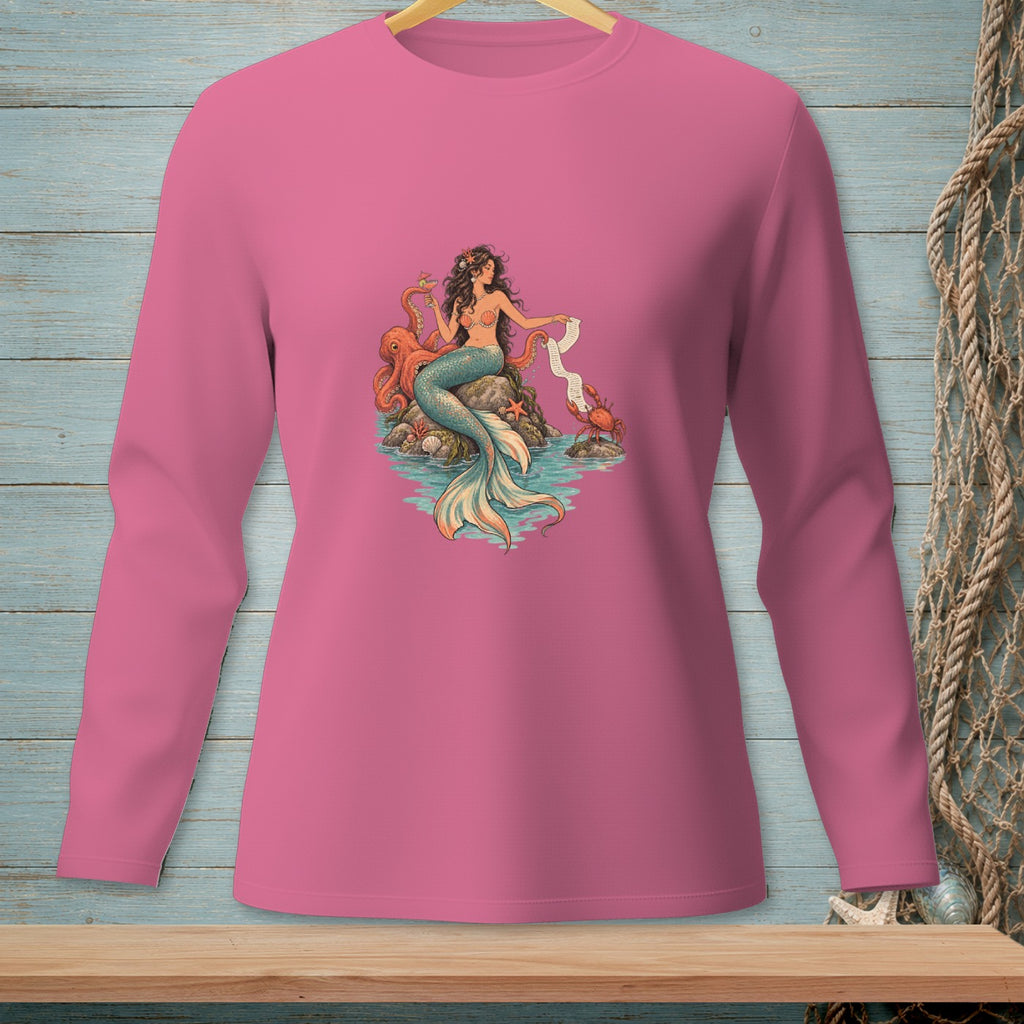Long-sleeve pink shirt with a mermaid, octopus, and crab graphic.