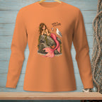 Orange long-sleeve shirt with a mermaid and seagull, reading "You're a little late."