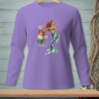 Purple long-sleeve shirt featuring a mermaid holding a drink and a crab on a buoy.