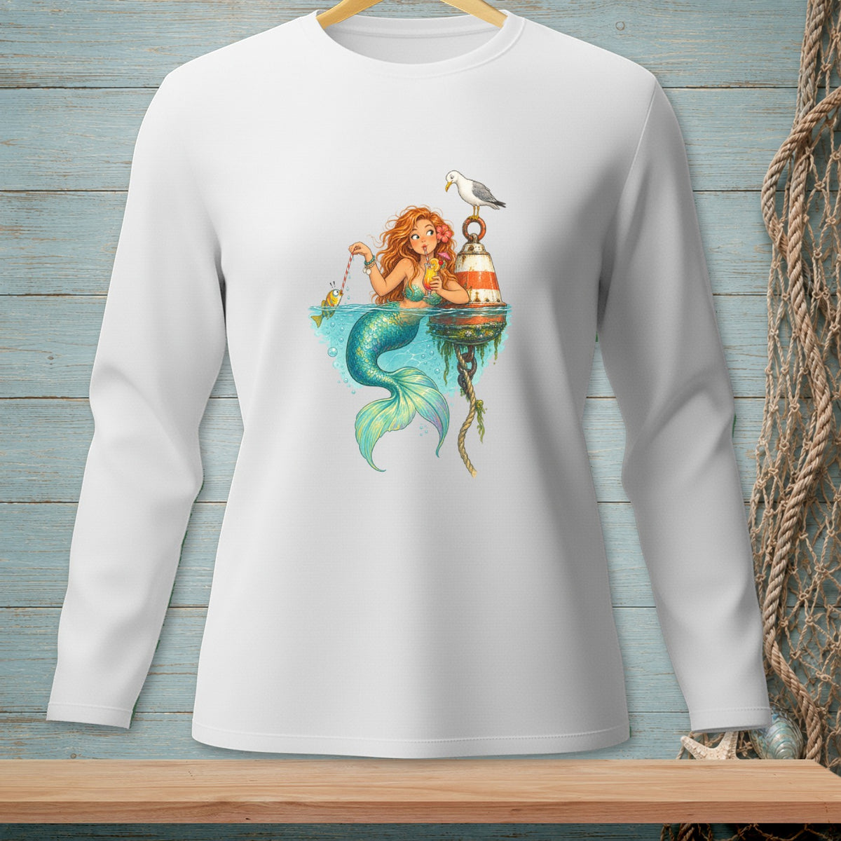 Mermaid with drink and fish on a buoy, with a seagull overhead.