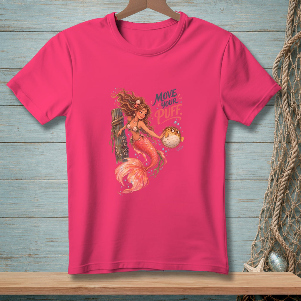 Pink t-shirt featuring a mermaid holding a pufferfish and text reading "Move Your Puff."
