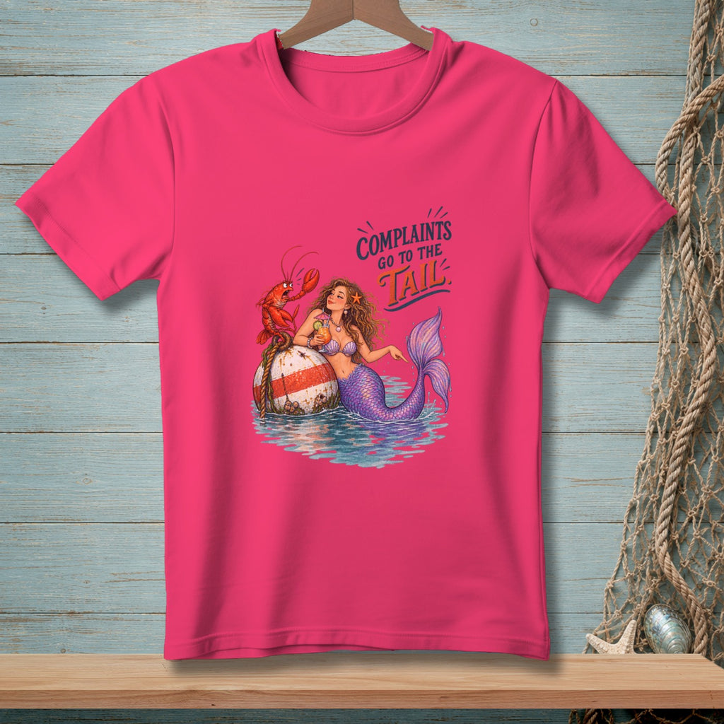 Mermaid and lobster graphic with text "Complaints Go to the Tail" on pink t-shirt.