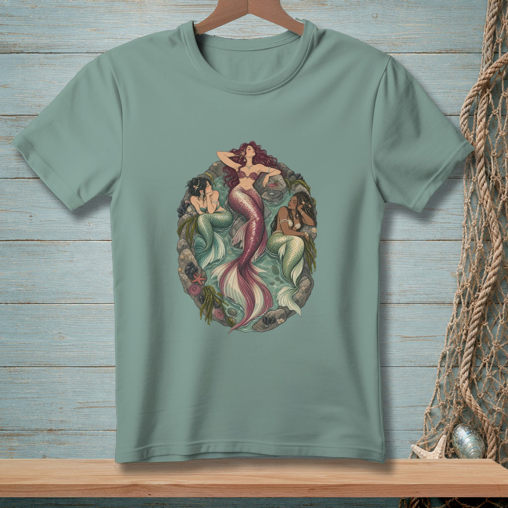Three mermaids with colorful tails rest among rocks and seaweed in an oval design.