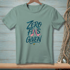 T-shirt with "Zero Fins Given" text and a mermaid tail graphic.