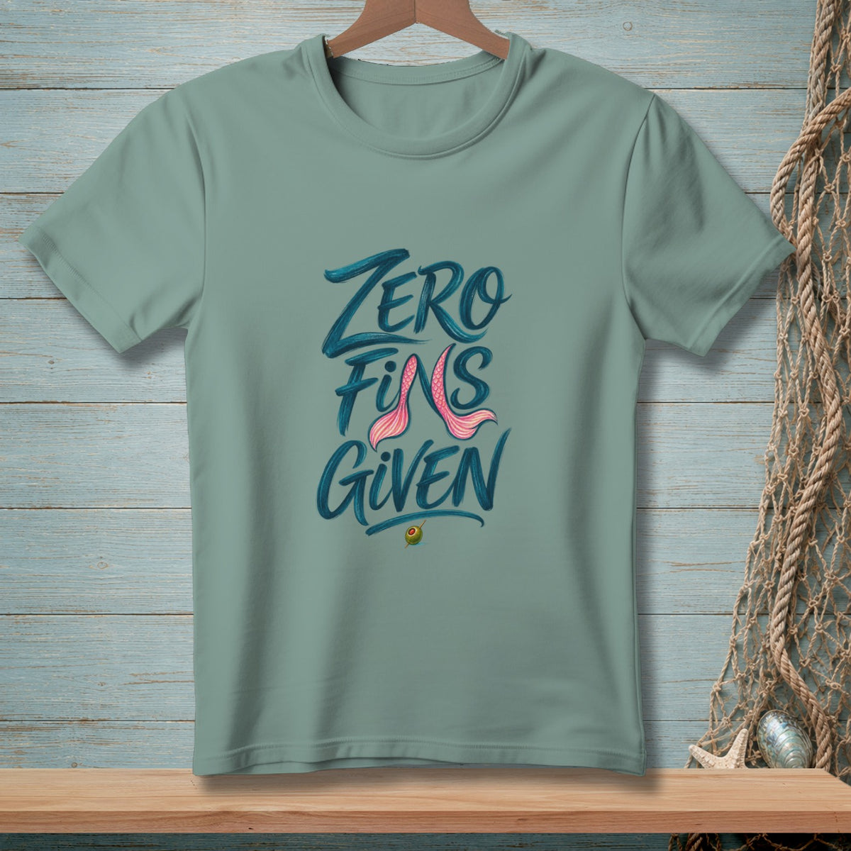T-shirt with "Zero Fins Given" text and a mermaid tail graphic.