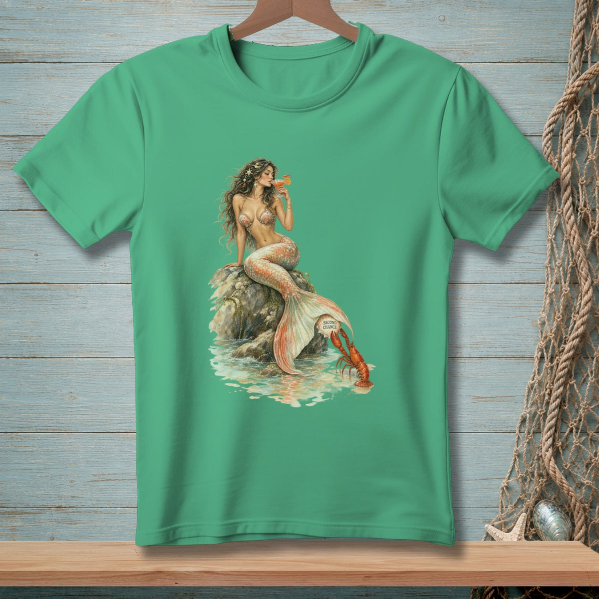 Mermaid with a drink and lobster sitting on a rock with a "Second Chance" tag.