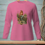 Pink long-sleeved shirt with a mermaid in a canoe graphic and text "Taking The Scenic Route."