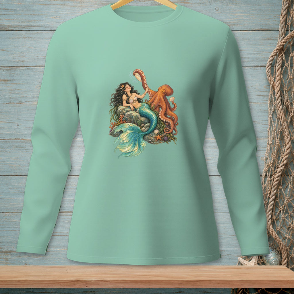 Mermaid with octopus graphic on a teal long-sleeved shirt.