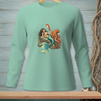 Mermaid with octopus graphic on a teal long-sleeved shirt.