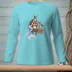 Mermaid with octopus by a lighthouse, wearing hats, on teal long-sleeve shirt.