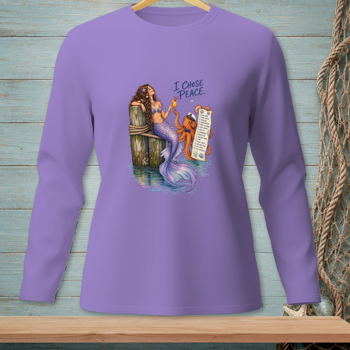Mermaid and octopus relax near dock with scroll listing "I Chose Peace" items.