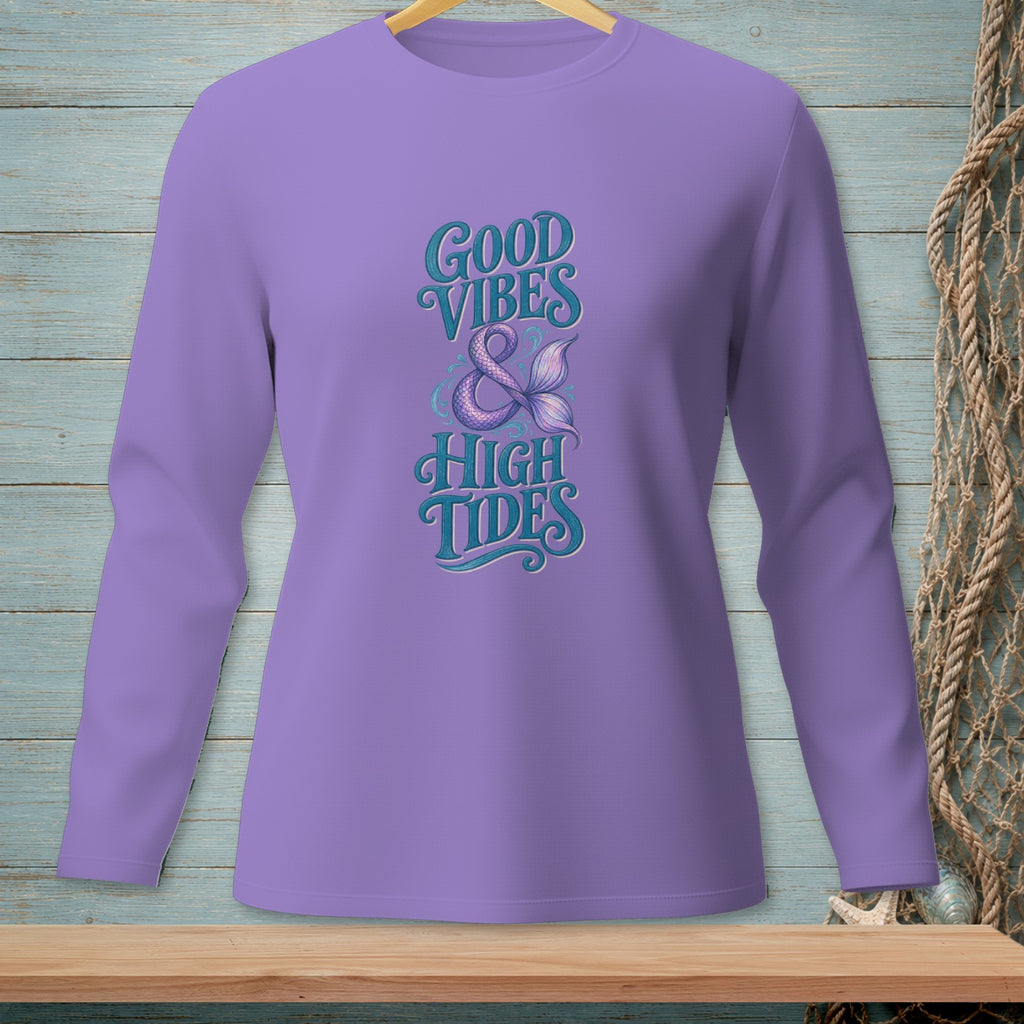 Purple long-sleeve shirt with "Good Vibes & High Tides" text and mermaid tail graphic.