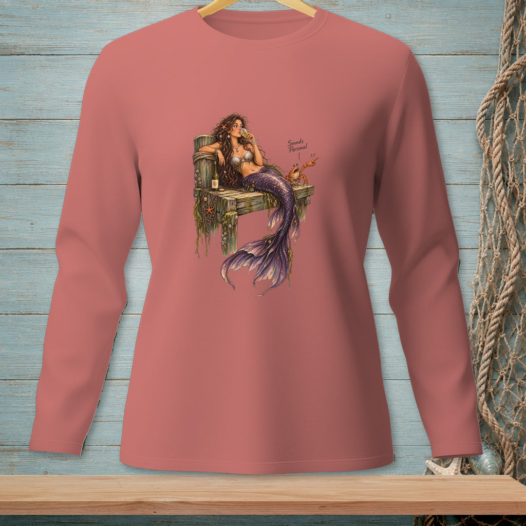 Mermaid with purple tail drinking from glass on dock, text "Sounds Personal".