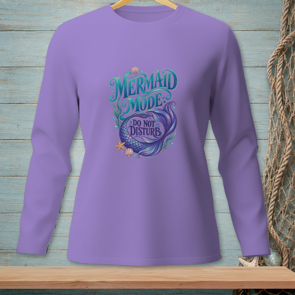 Lavender long-sleeve shirt with a mermaid tail and "Mermaid Mode: Do Not Disturb" text.