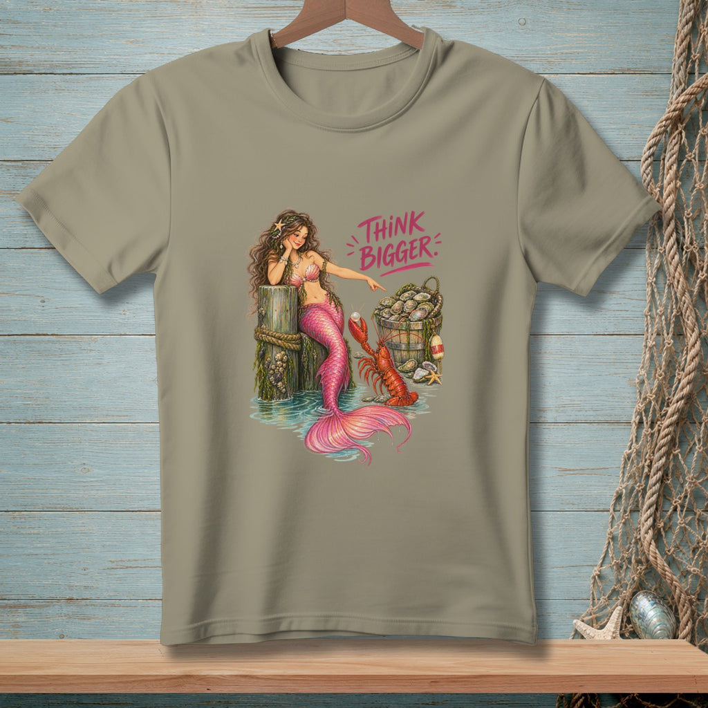 Mermaid with pink tail points to lobster and bucket of oysters, text says "Think Bigger."