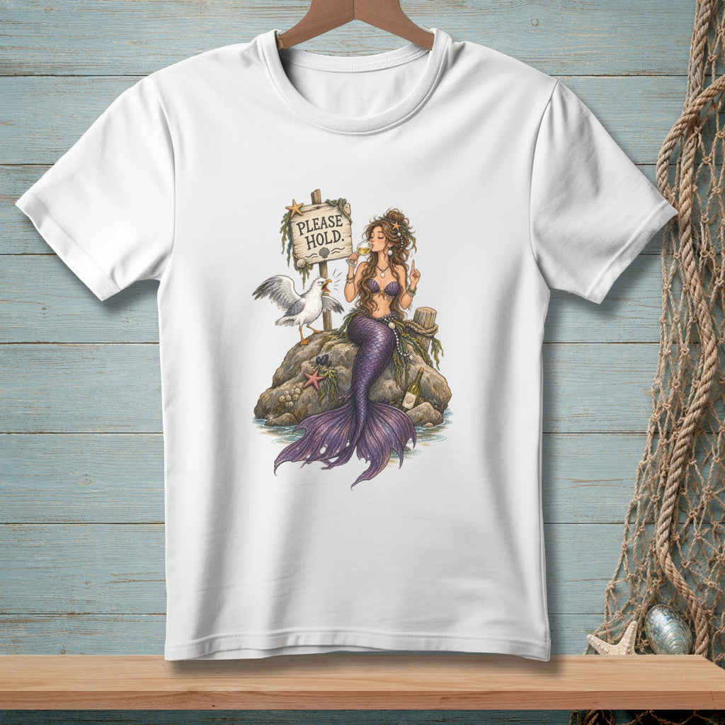 Mermaid and seagull by sign that says "PLEASE HOLD."