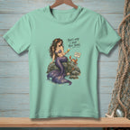 Mint t-shirt with a mermaid, crab, and text "That's why I have nice things."