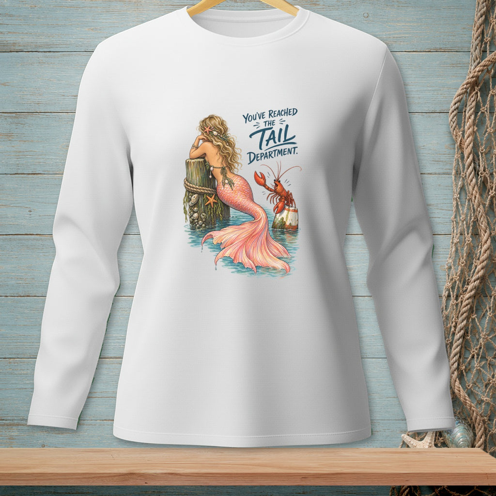 White long-sleeved shirt with a graphic of a mermaid and lobster, reading "You've Reached the Tail Department."