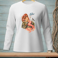White long-sleeve shirt with a mermaid and seagull graphic that says "ARE YOU FINISHED?"