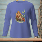 Illustration of a mermaid eating chocolates with a lobster and starfish nearby.