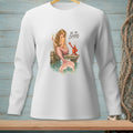 White long-sleeve shirt with a mermaid and lobster graphic and text "BE SO SERIOUS".