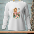 White long-sleeve shirt with a mermaid and lobster graphic and text "BE SO SERIOUS".