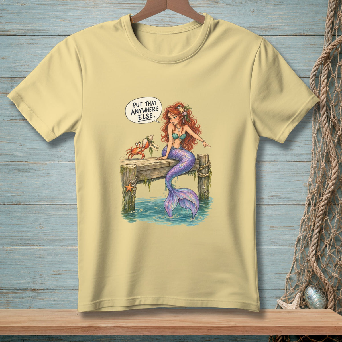 Mermaid pointing at crab with a shell labeled "Opinions" and speech bubble.