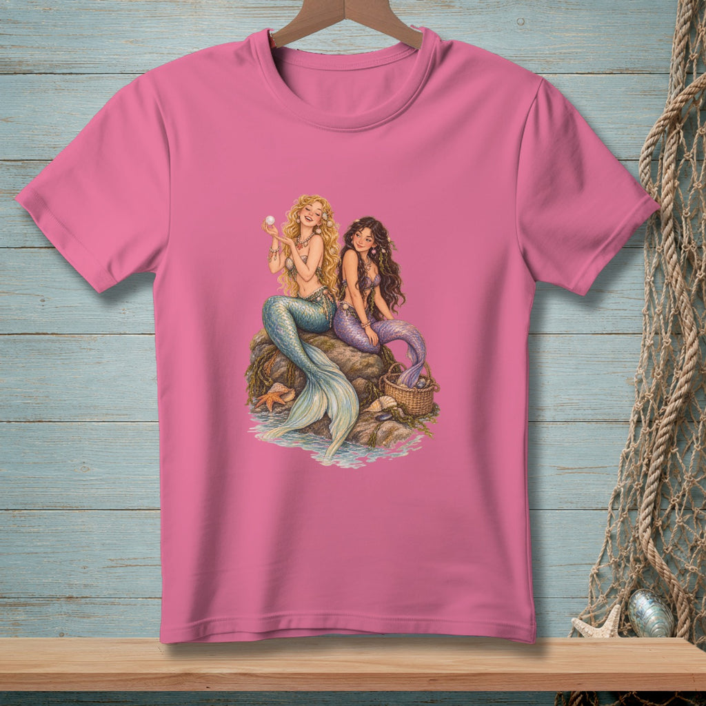 Two mermaids sitting on rocks with a pearl and a basket of shells.