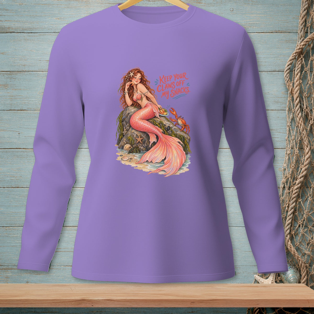 Purple long-sleeve shirt with mermaid and crabs graphic, text: Keep Your Claws Off My Snacks.