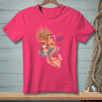 Mermaid with cocktail and text "Bad Hair Good Pour" on pink t-shirt.