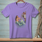 Mermaid sitting by a ladder with a crab wearing a captain's hat.